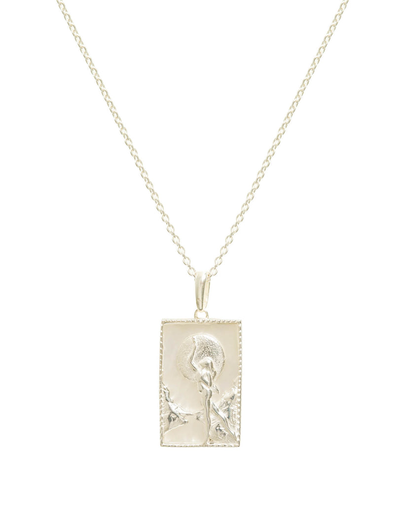 Rectangle Silver Woman & Moon Necklace