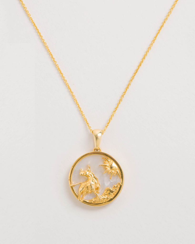 Taurus, Gold Zodiac Necklace, Mother of Pearl zodiac necklace in 18ct gold vermeil by Freya Rose