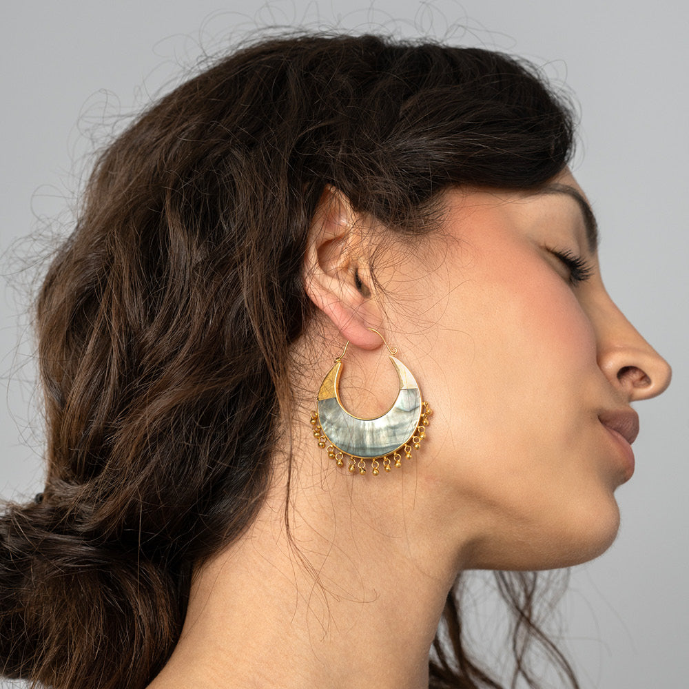 Woman Wearing Statement Grey Mother of Pearl Eclipse Earrings | Freya Rose