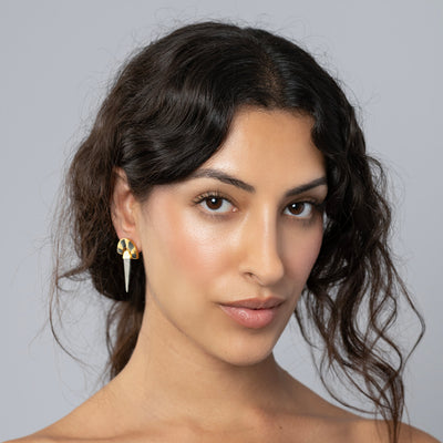 Women wearing Unique Moon Rise Inspired Mother of Pearl Drop Earrings | At Night Drops | Freya Rose