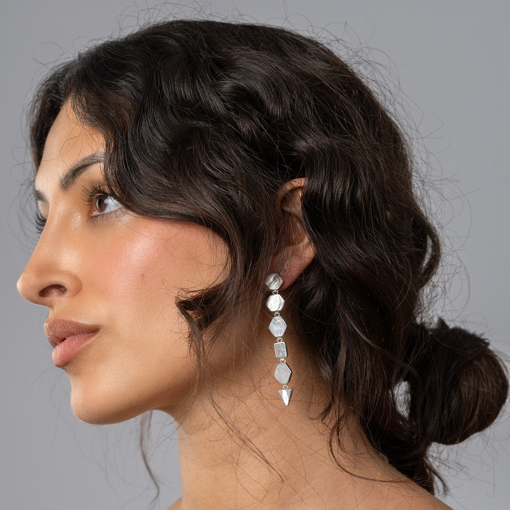 Silver Mother of Pearl Geometric Drop Earrings | Armour Drops | Freya Rose