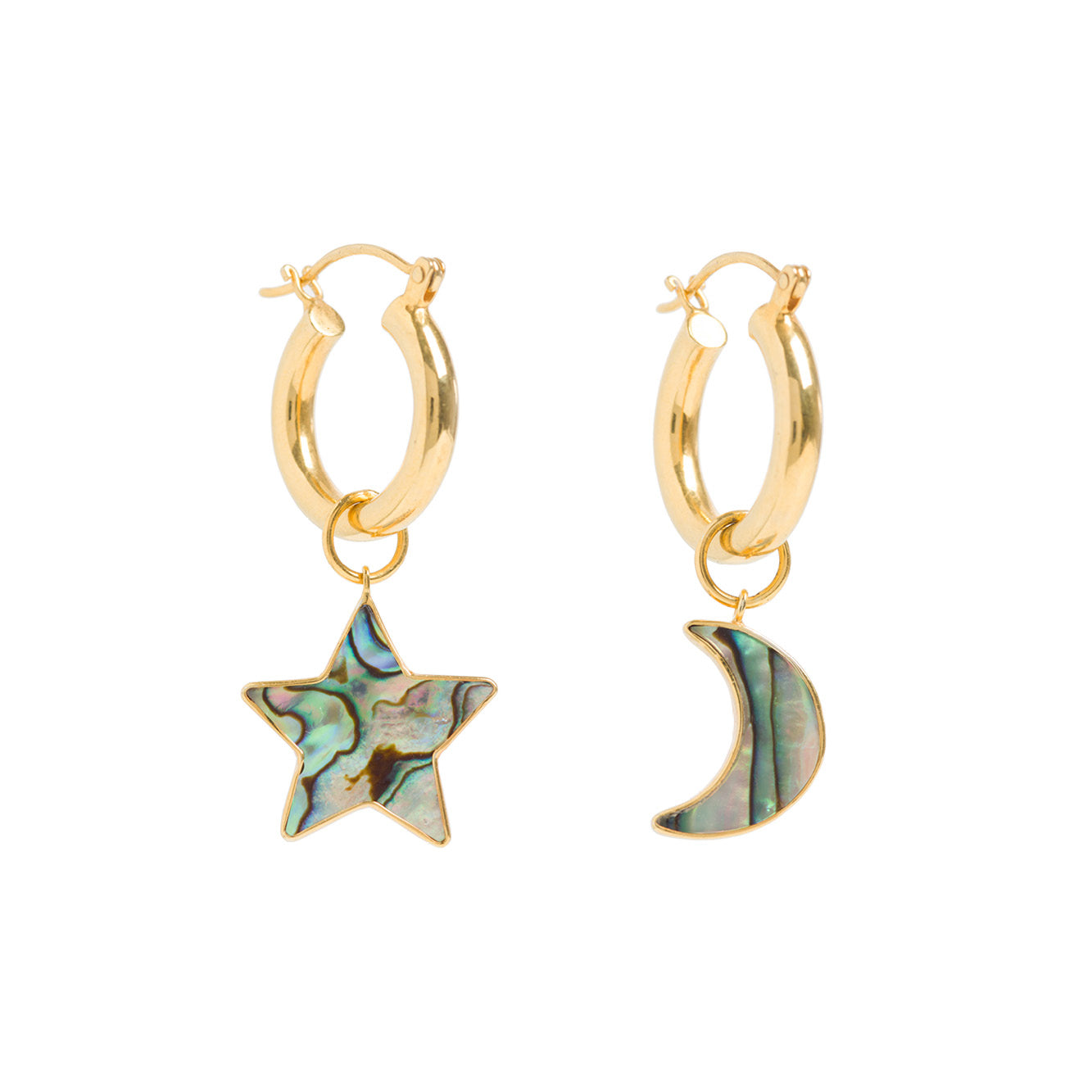 Product image of Gold Mini Hoop Earrings with detachable star and moon pendants made of paua shell by Freya Rose London