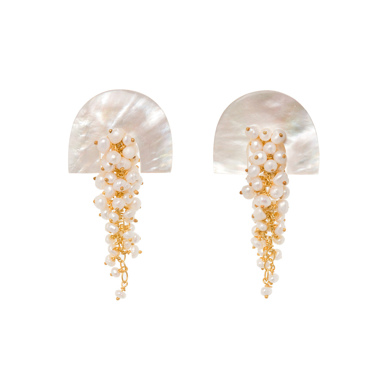 A product shot of 'Hakuro Midi Gold' A gold mother of pearl and seed pearl drop earring - Freya Rose Jewellery