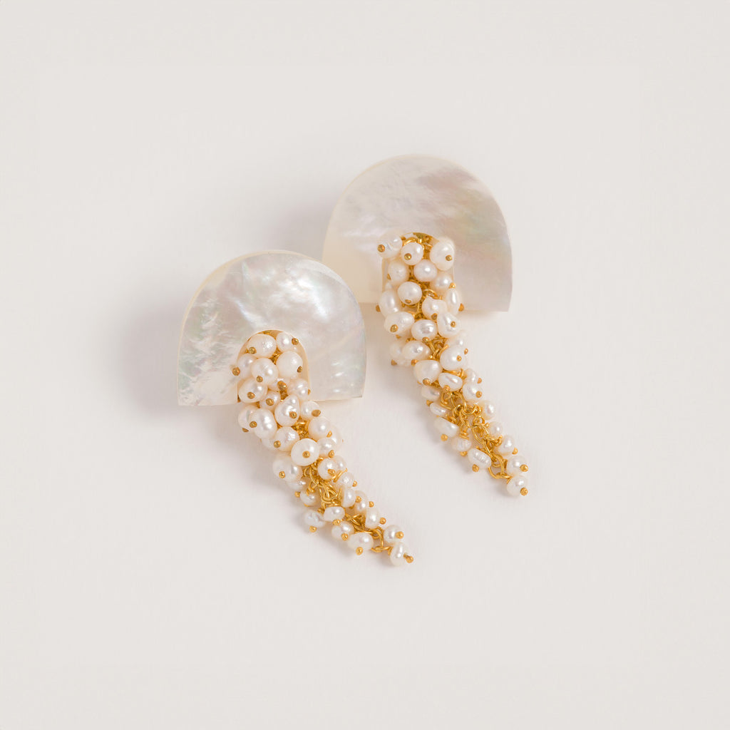 A product shot of 'Hakuro Midi Gold' A gold mother of pearl and seed pearl drop earring  - Freya Rose Jewellery 