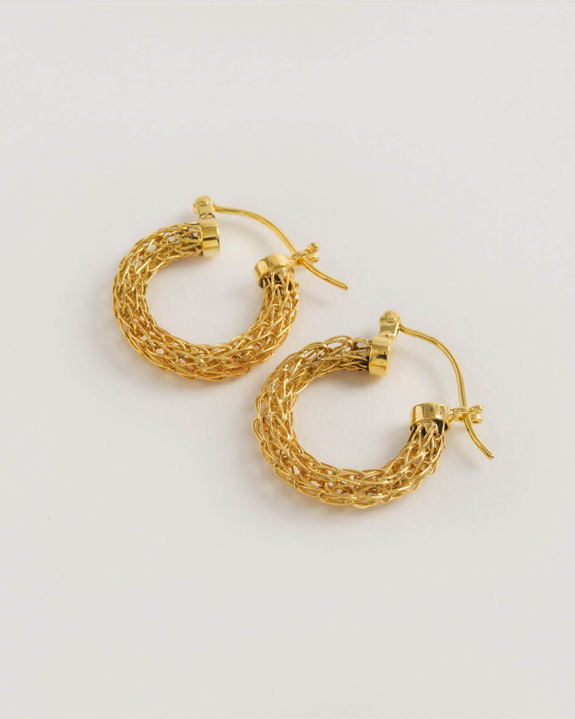 Woven for Women Mini Hoops, hand-crocheted woven gold mini hoop earrings by Freya Rose
