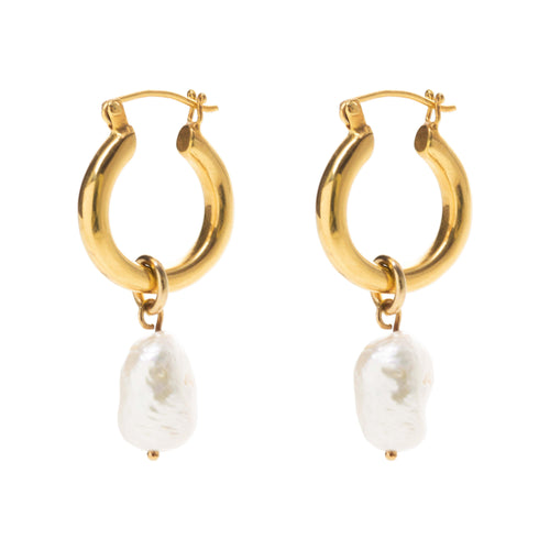 Gold Mini Hoop Earrings with Baroque Pearls - Freya Rose Pearl Jewellery
