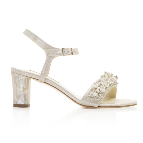 Martina Midi Queen - Pearl Heel - Freya Rose - Champagne suede Mother of Pearl sandal low block heel shoes - champagne wedding shoes
