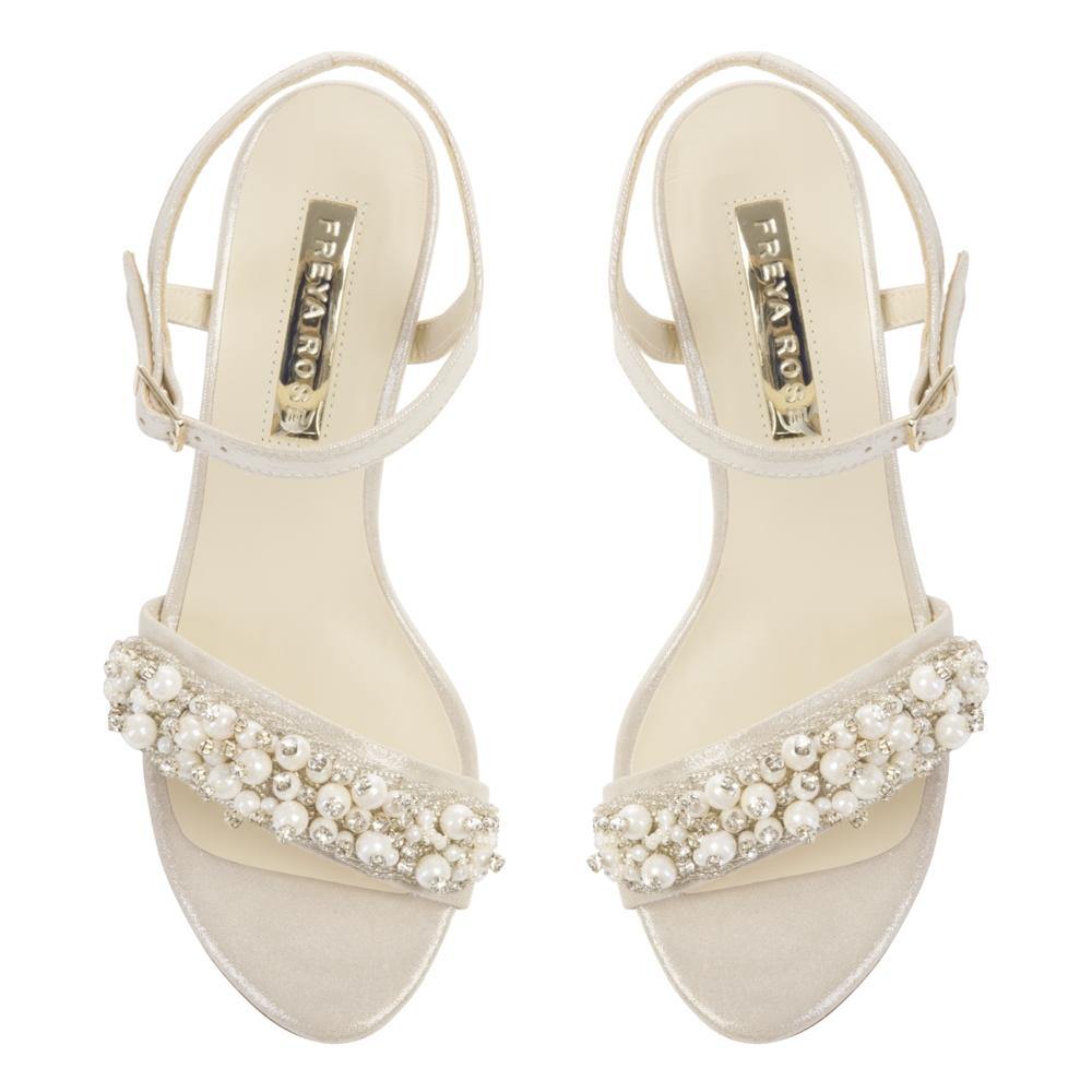 champagne wedding shoes - Martina Midi Queen - Pearl Heel - Freya Rose - Champagne suede Mother of Pearl sandal low block heel shoes