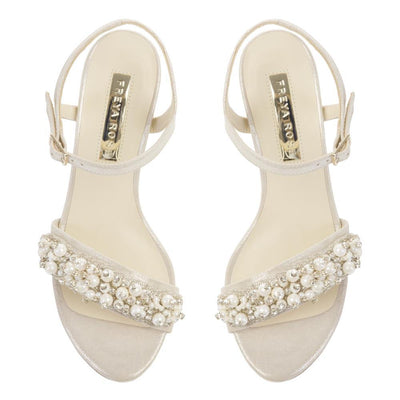 champagne wedding shoes - Martina Midi Queen - Pearl Heel - Freya Rose - Champagne suede Mother of Pearl sandal low block heel shoes
