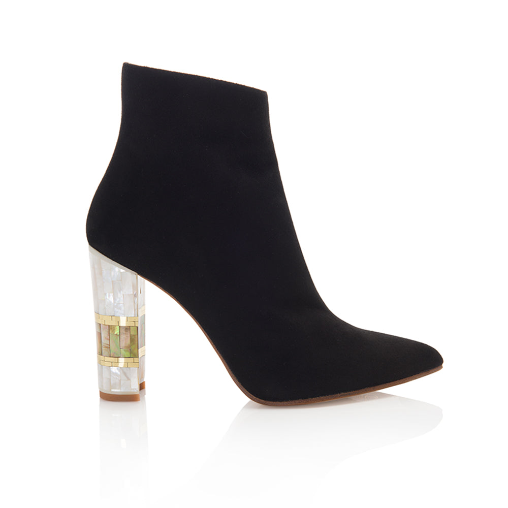 Product photo of  'Jasmine Noir' black suede ankle boot with pearl heel by Freya Rose London