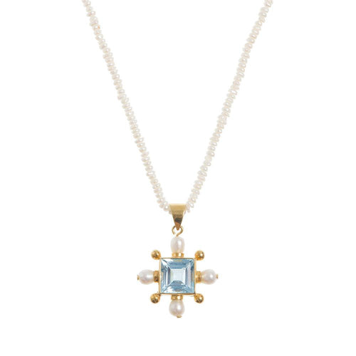 Seed Pearl Necklace with Blue Topaz Cross Pendant - Freya Rose Pearl  Jewellery