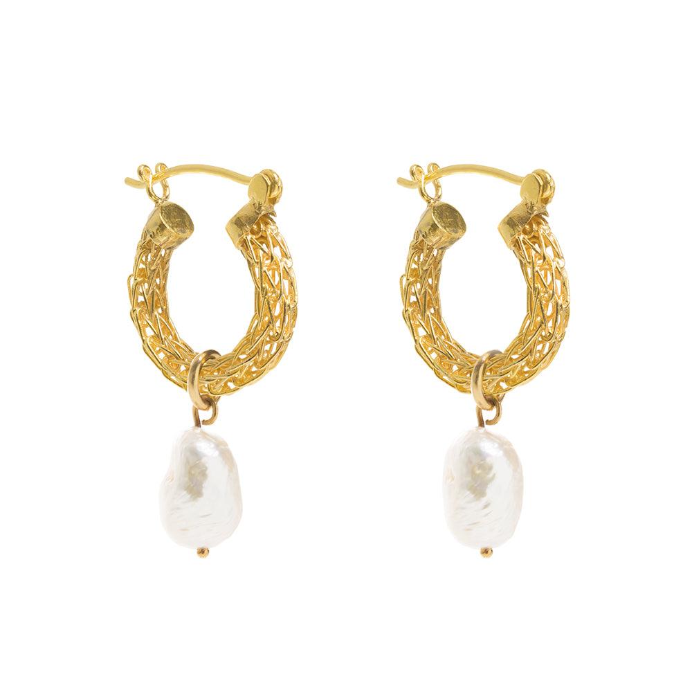 Gold Weave Mini Hoops Earrings with Baroque Pearl - Freya Rose Pearl Jewellery