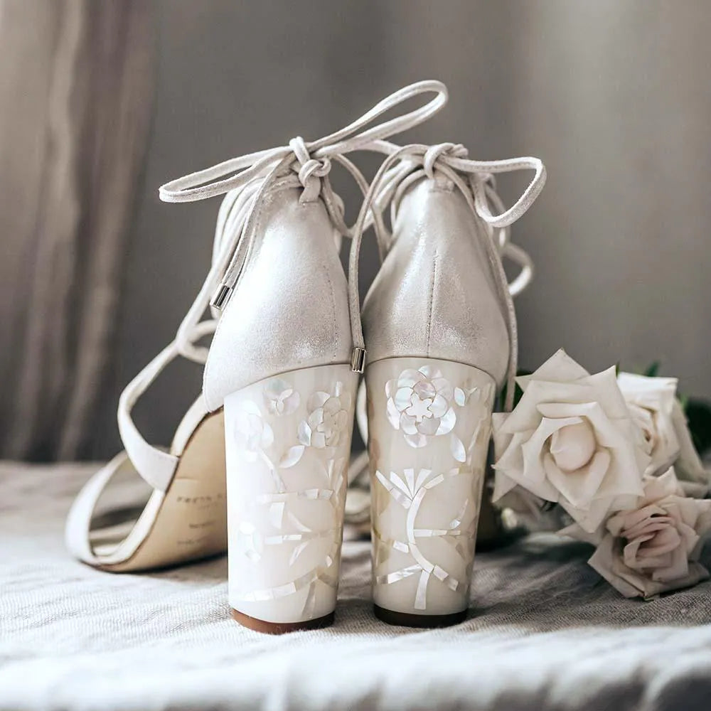Block Heel Bridal Shoes Champagne MARTENE CHAMPAGNE SUEDE PEARL