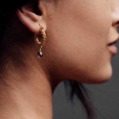 Amethyst Charm on gold woven hoop earrings - Freya Rose Pendant