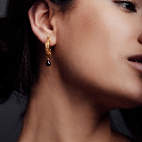 Gold Weave Mini Hoop Earrings with Garnet Charm - Freya Rose Jewellery