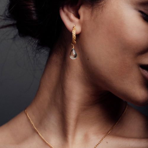 Gold Weave Mini Hoop Earrings with Green Quartz Charm - Freya Rose Jewellery