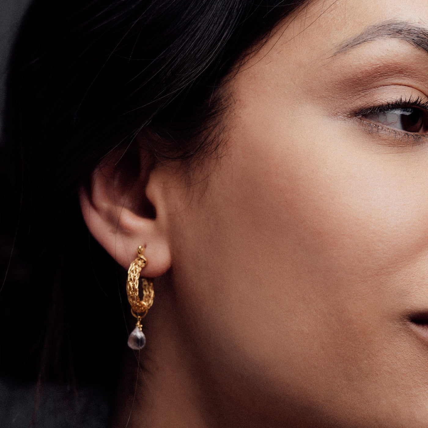 Rose Quartz Charm on gold weave hoop earrings - Freya Rose Jewellery