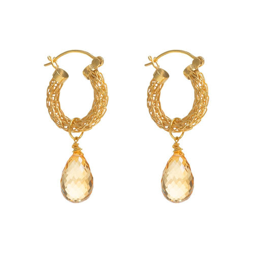 Gold Weave Mini Hoop Earrings with Citrine Charm - Freya Rose Jewellery