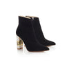 Product photo of side view of 'Jasmine Noir' black suede ankle boot with pearl heel by Freya Rose London
