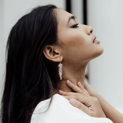 Silver Midi Crystal Drop Earrings shown on a model - Freya Rose Jewellery