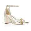 Champagne suede sandal with block Mother of Pearl heel