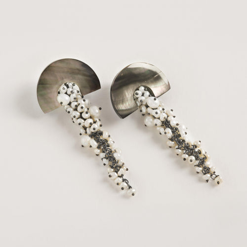 Hakuro Grey Mother of Pearl and Pearl Long Drop Earrings - Freya Rose Jewellery