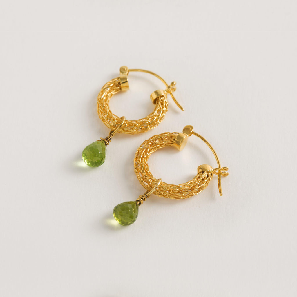 Gold Weave Mini Hoop Earrings with Peridot Charm - Freya Rose Jewellery