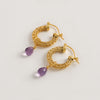 Gold Weave Mini Hoop Earrings with Amethyst Charm - Freya Rose Jewellery