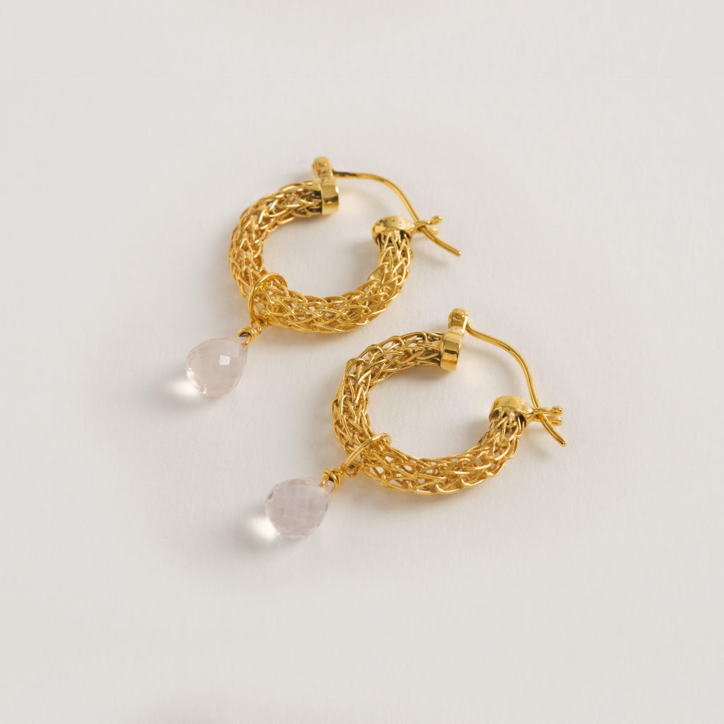 Gold Weave Mini Hoop Earrings with Rose Quartz Charm - Freya Rose Jewellery