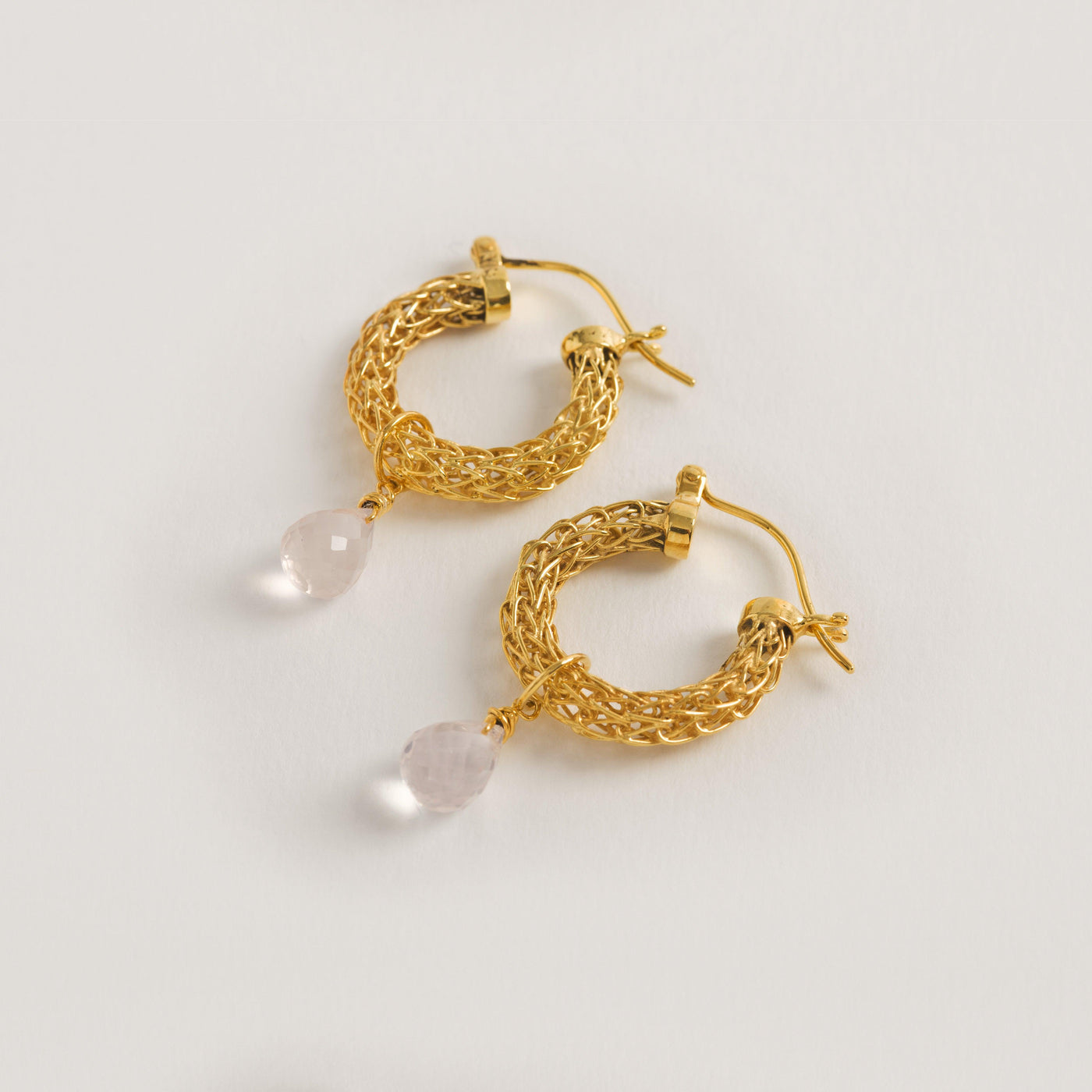 Gold Weave Mini Hoop Earrings with Rose Quartz Charm - Freya Rose Jewellery