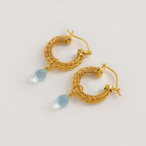 Gold Weave Mini Hoop Earrings with Blue Topaz Charm - Freya Rose Jewellery