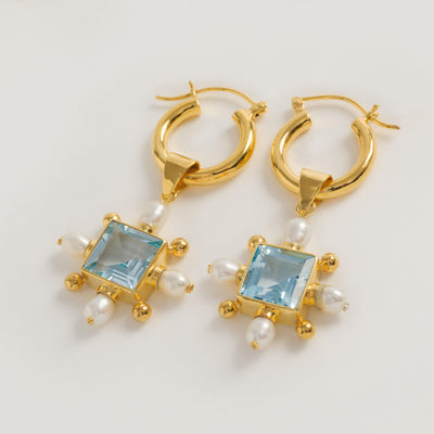Gold Mini Hoop Earrings with Blue Topaz Cross Pendant - Freya Rose Jewellery