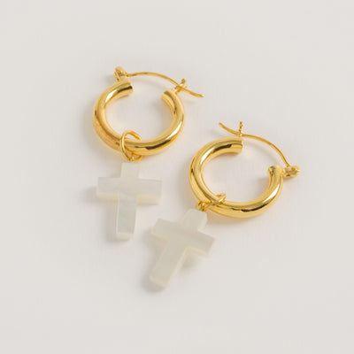 Gold Mini Hoops with Detachable Cross Charms - Freya Rose Pearl Shoes and Jewellery