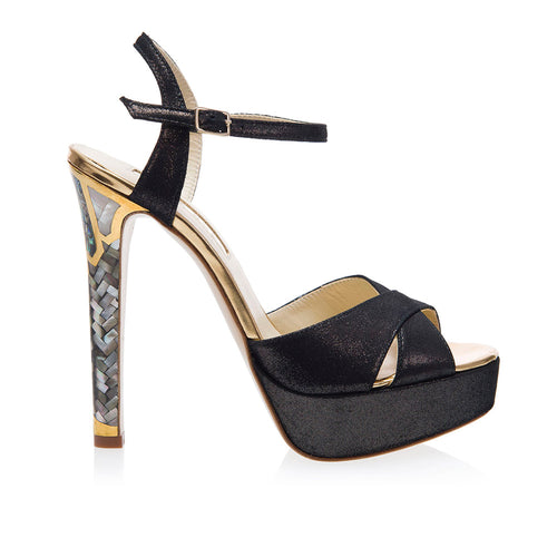 A side shot of a Freya Rose Couture Designer Black Suede Womens Shoe - 'Cleopatra' 