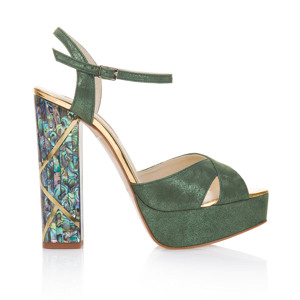 Product photo of 'Cher Verde' Couture designer green womens shoes with pearl heel by Freya Rose London
