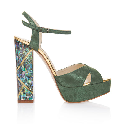 Cher Verde Designer Block Heel Shoes | Green | Freya Rose