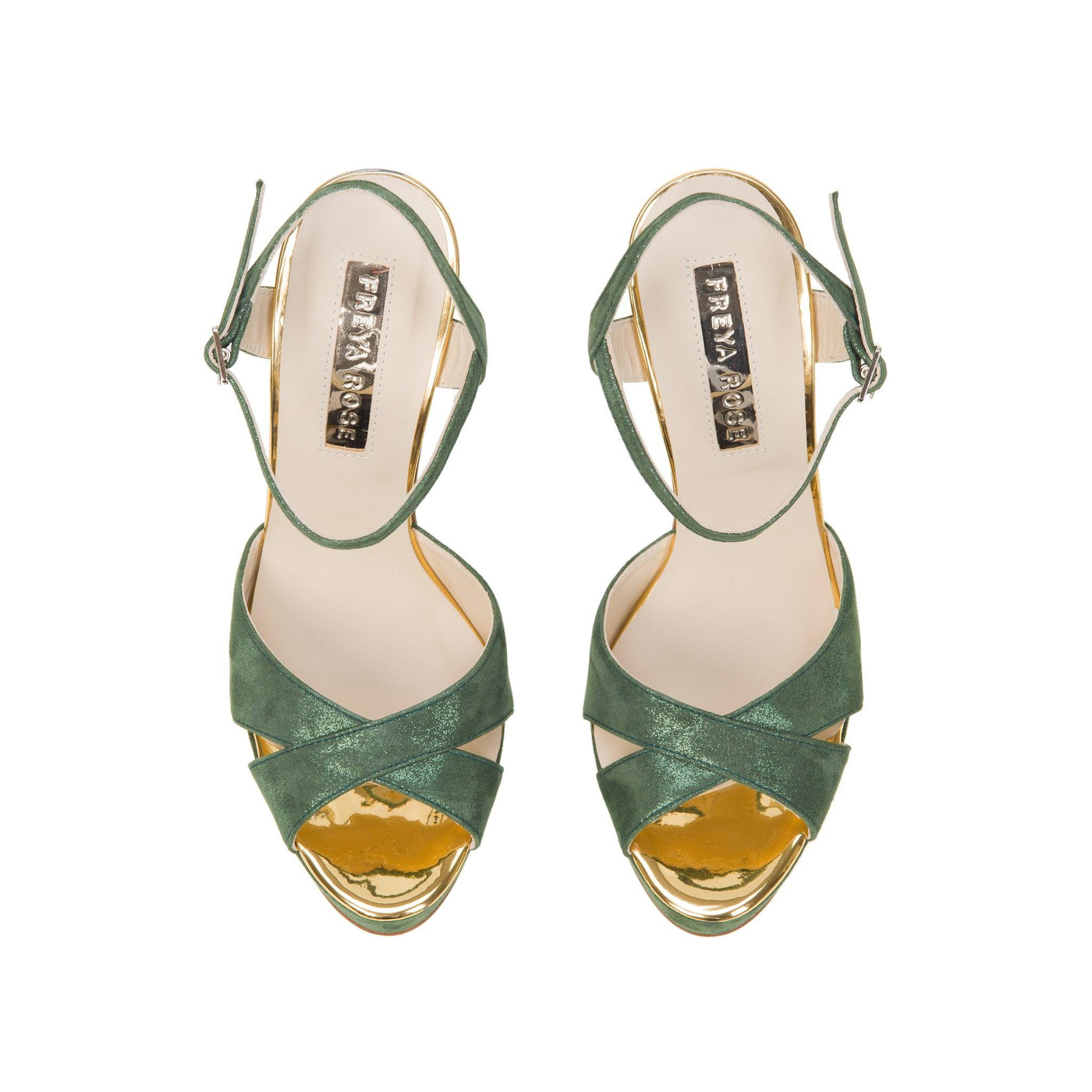 Product photo of top view of 'Cher Verde' Couture designer green womens shoes with pearl heel by Freya Rose London