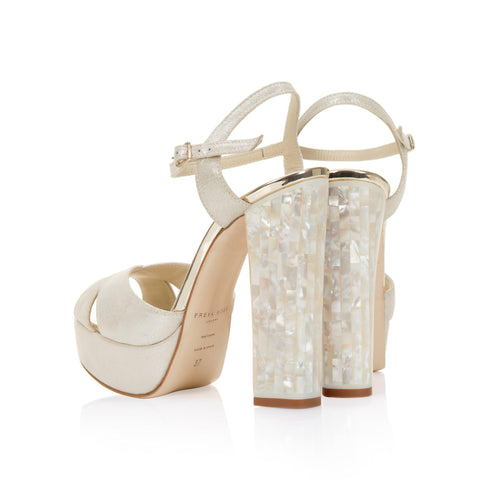 A back view  of 'Bonnie' a Freya Rose Ivory Suede Bridal Shoe with pearl heels