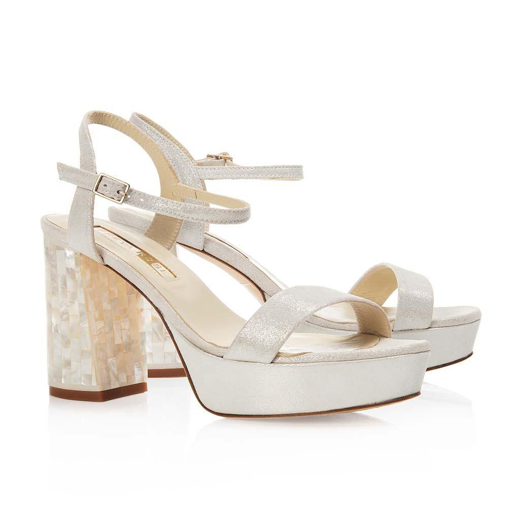 Champagne suede Mother of Pearl sandal platform block heel shoes - GiGi Ivory