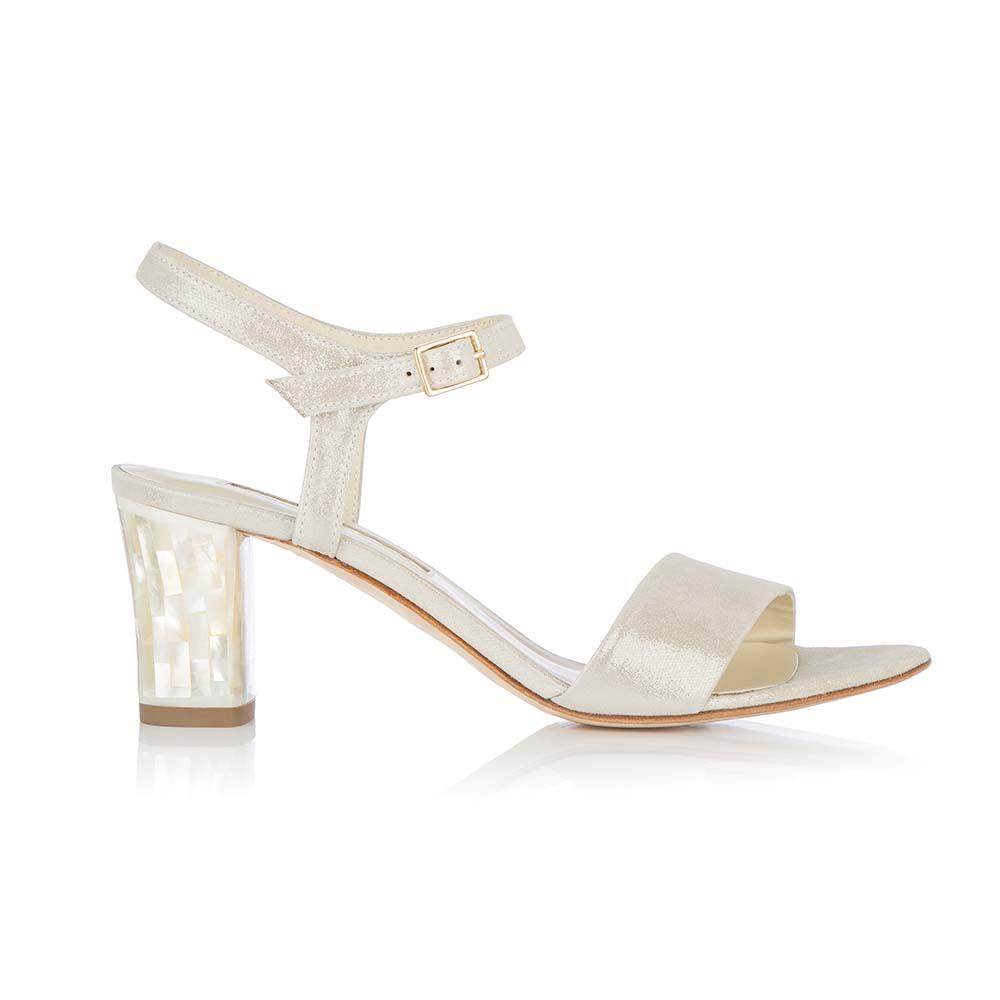 Champagne suede Mother of Pearl sandal low block heel shoes