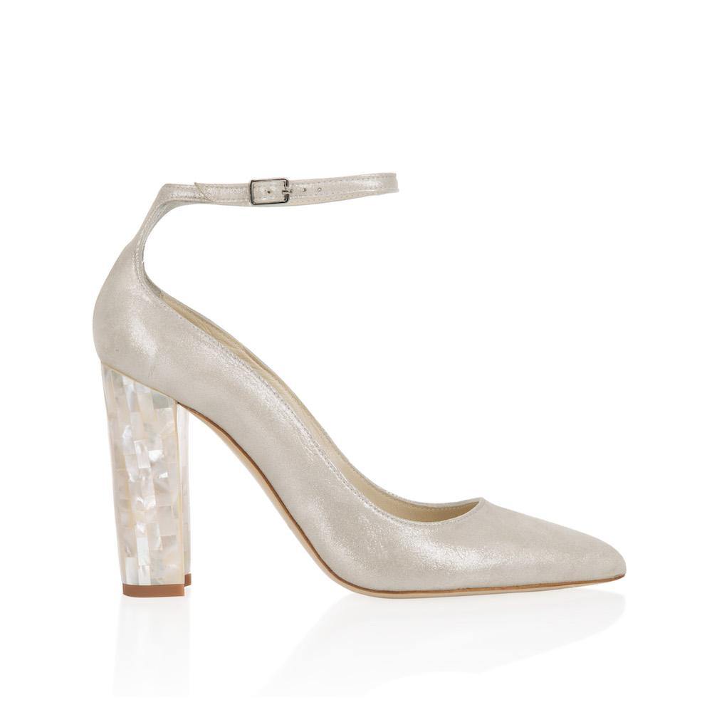 Champagne suede Mother of Pearl low block heel shoes - champagne wedding shoes