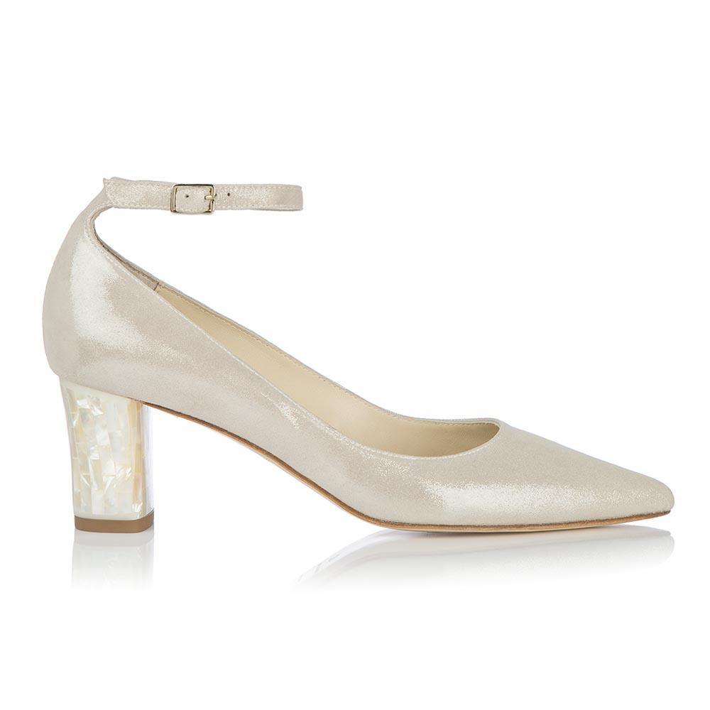 Champagne suede Mother of Pearl low block heel shoes -  - champagne wedding shoes
