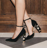 Rene - Pearl Heel - Black Suede shoe with Freya Rose Pearl Shoes and Jewellery