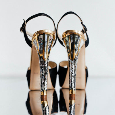 Back view of a Freya Rose Couture Designer Black Suede Womens Shoe - 'Cleopatra' 