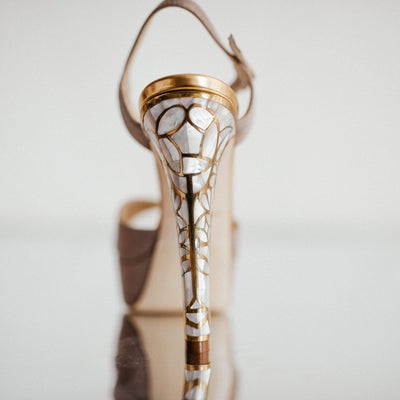 Image showing the Mother of Pearl and brass heel on Couture shoes - Freya Rose